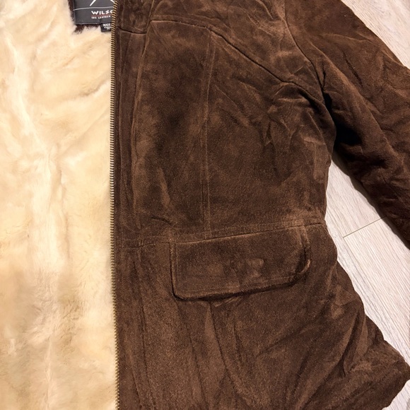 🤎 RARE Maxima Wilsons Y2K Leather Brown Suede Jacket ✨ Cinched Waist | Faux Fur - Picture 8 of 14